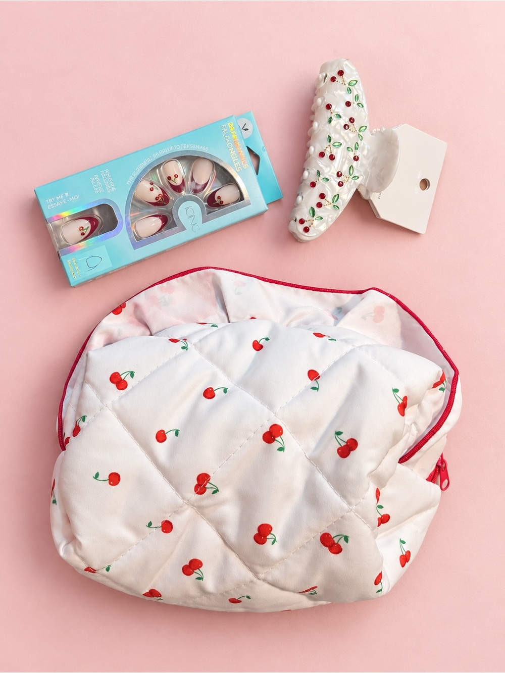 Cherry Sweet Press-On Nails, Hair Clip & Quilted Cosmetic Pouch Bundle